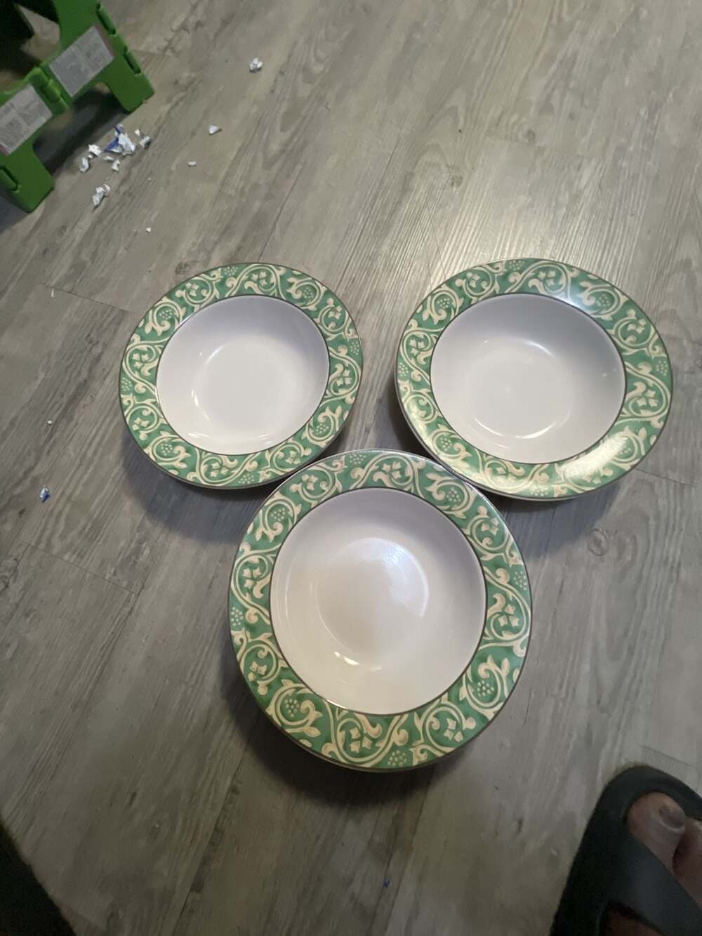 Sango Pavilion 4856 Green Scroll Rimmed Soup Bowls Set of 3